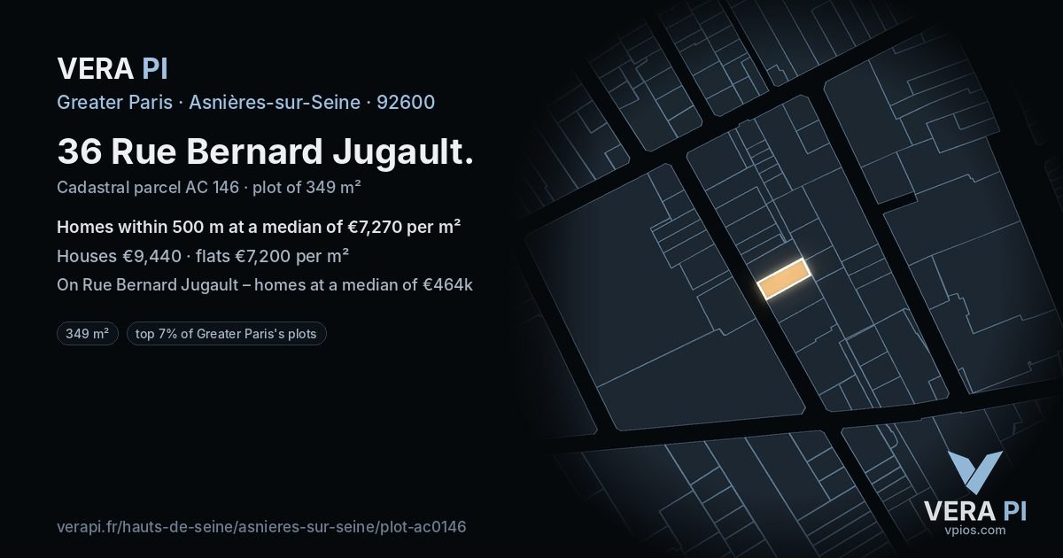 36 Rue Bernard Jugault, Asnières-sur-Seine at night – the plot lit, the parcels around coloured by the prices near them