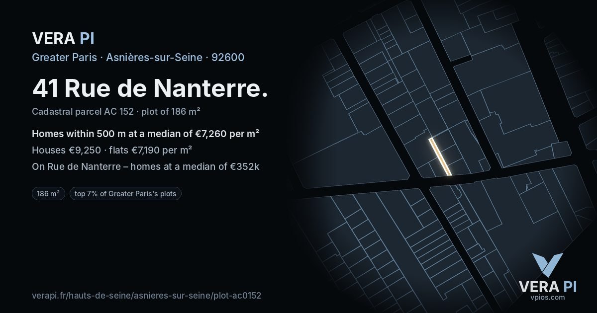 41 Rue de Nanterre, Asnières-sur-Seine at night – the plot lit, the parcels around coloured by the prices near them