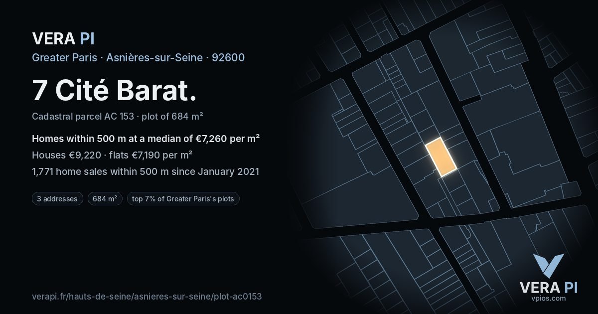 7 Cité Barat, Asnières-sur-Seine at night – the plot lit, the parcels around coloured by the prices near them