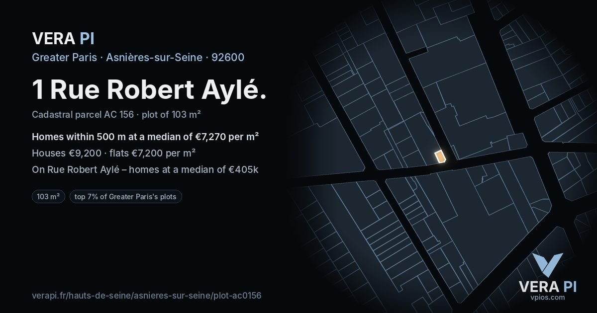 1 Rue Robert Aylé, Asnières-sur-Seine at night – the plot lit, the parcels around coloured by the prices near them