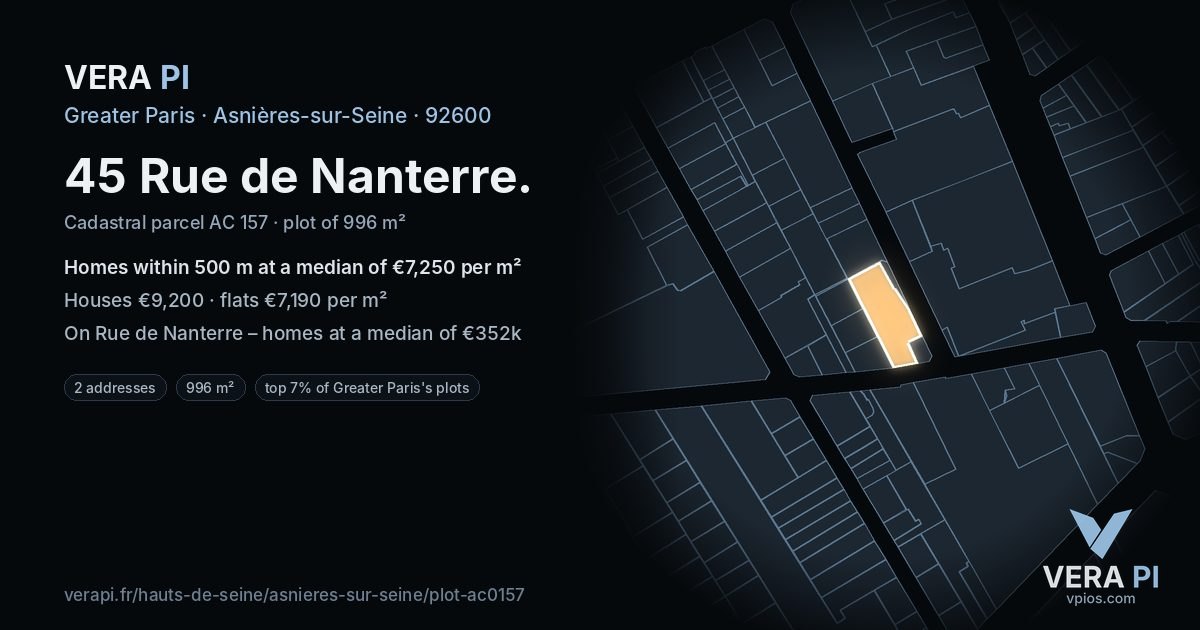 45 Rue de Nanterre, Asnières-sur-Seine at night – the plot lit, the parcels around coloured by the prices near them