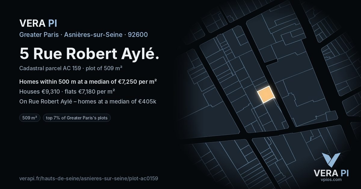 5 Rue Robert Aylé, Asnières-sur-Seine at night – the plot lit, the parcels around coloured by the prices near them