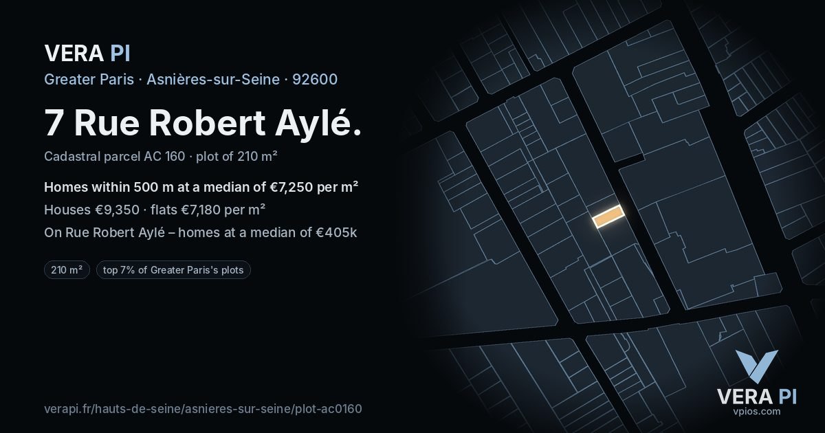 7 Rue Robert Aylé, Asnières-sur-Seine at night – the plot lit, the parcels around coloured by the prices near them