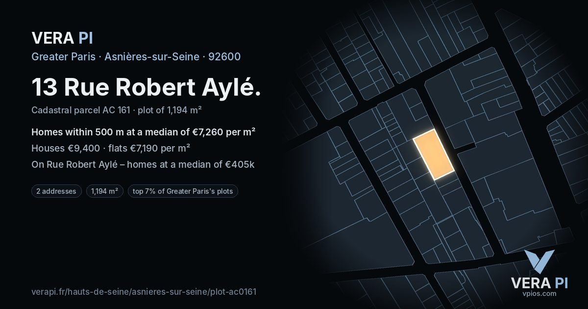 13 Rue Robert Aylé, Asnières-sur-Seine at night – the plot lit, the parcels around coloured by the prices near them