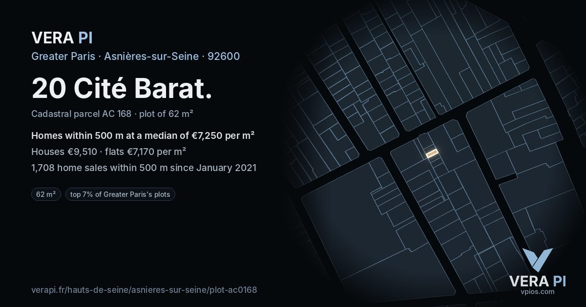 20 Cité Barat, Asnières-sur-Seine at night – the plot lit, the parcels around coloured by the prices near them