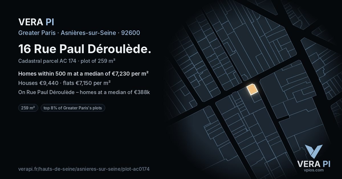 16 Rue Paul Déroulède, Asnières-sur-Seine at night – the plot lit, the parcels around coloured by the prices near them