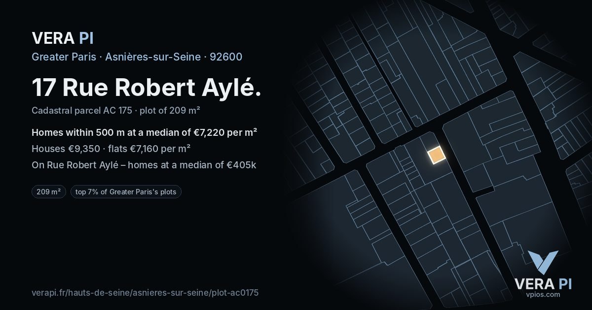 17 Rue Robert Aylé, Asnières-sur-Seine at night – the plot lit, the parcels around coloured by the prices near them