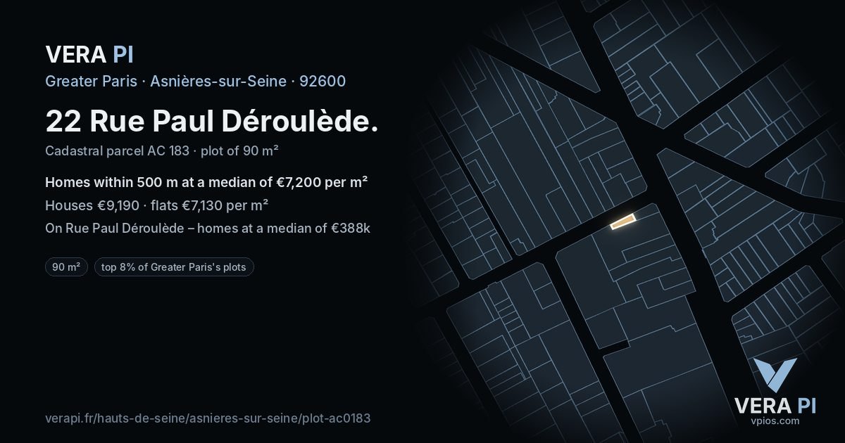 22 Rue Paul Déroulède, Asnières-sur-Seine at night – the plot lit, the parcels around coloured by the prices near them