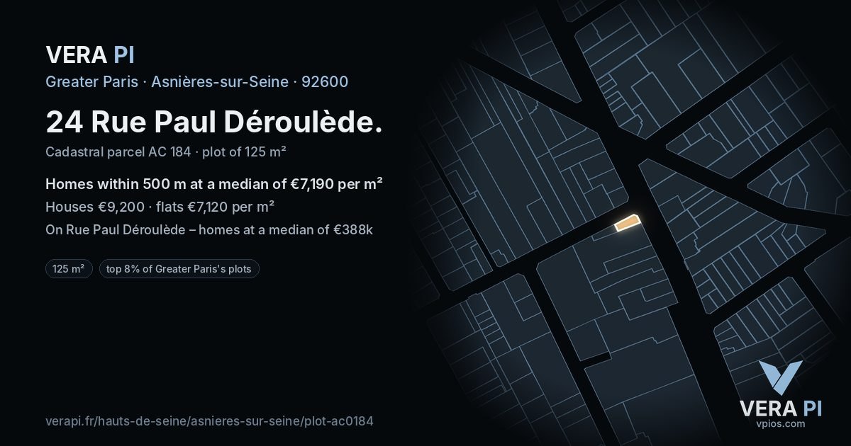 24 Rue Paul Déroulède, Asnières-sur-Seine at night – the plot lit, the parcels around coloured by the prices near them