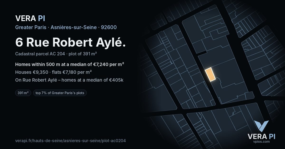 6 Rue Robert Aylé, Asnières-sur-Seine at night – the plot lit, the parcels around coloured by the prices near them