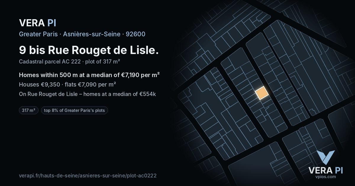 9 bis Rue Rouget de Lisle, Asnières-sur-Seine at night – the plot lit, the parcels around coloured by the prices near them