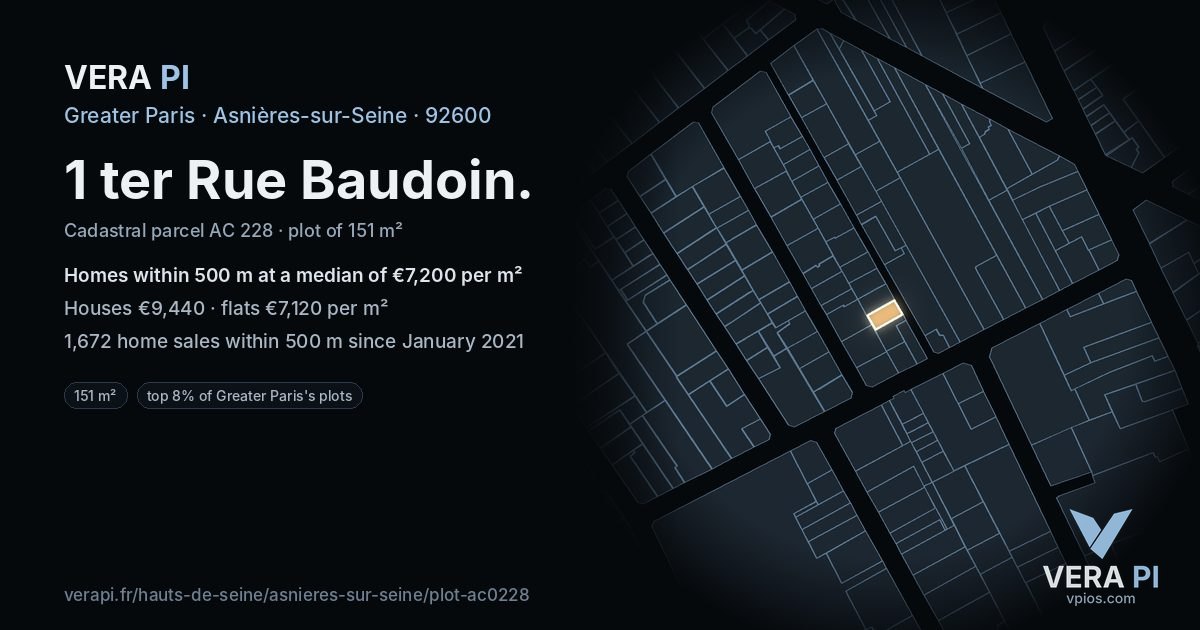 1 ter Rue Baudoin, Asnières-sur-Seine at night – the plot lit, the parcels around coloured by the prices near them