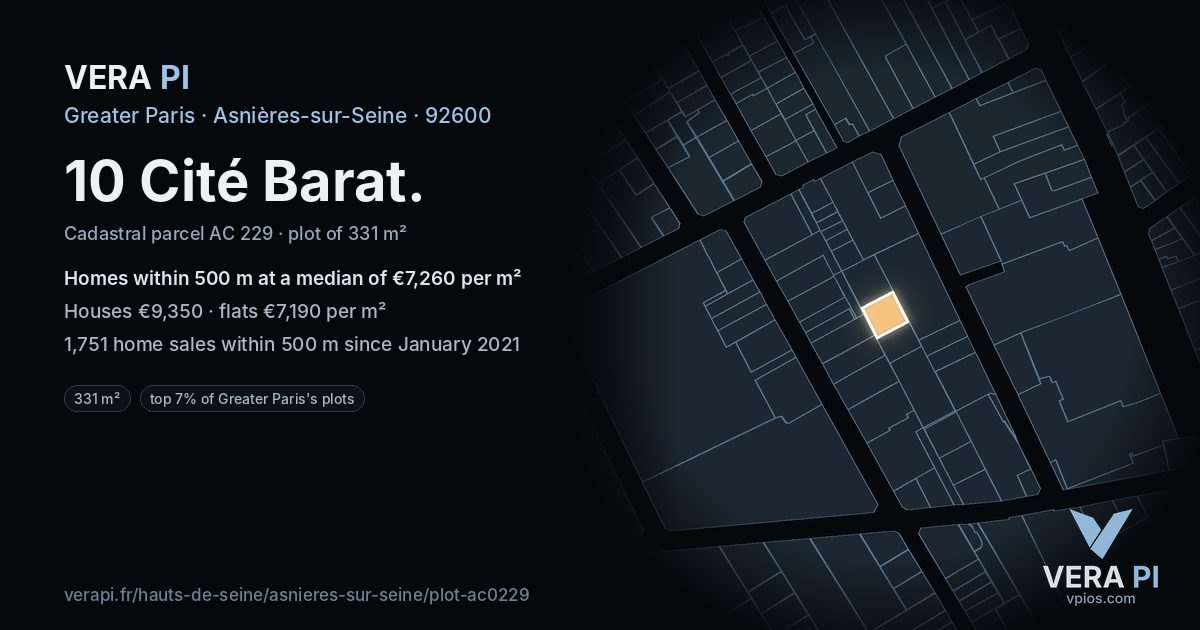 10 Cité Barat, Asnières-sur-Seine at night – the plot lit, the parcels around coloured by the prices near them