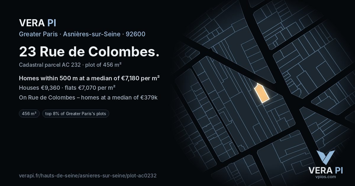 23 Rue de Colombes, Asnières-sur-Seine at night – the plot lit, the parcels around coloured by the prices near them