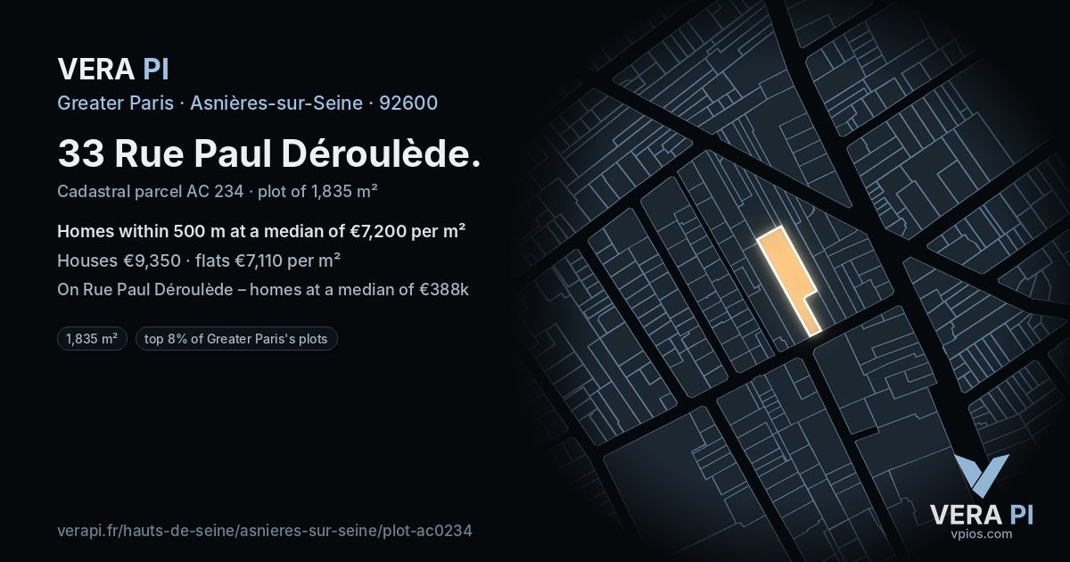 33 Rue Paul Déroulède, Asnières-sur-Seine at night – the plot lit, the parcels around coloured by the prices near them