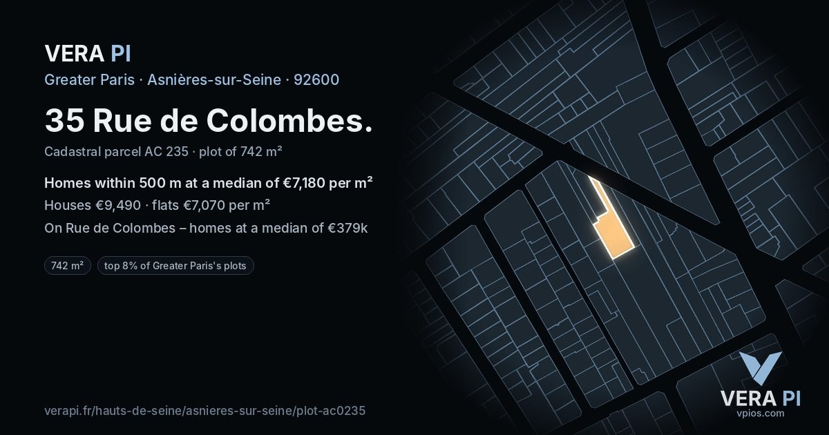 35 Rue de Colombes, Asnières-sur-Seine at night – the plot lit, the parcels around coloured by the prices near them