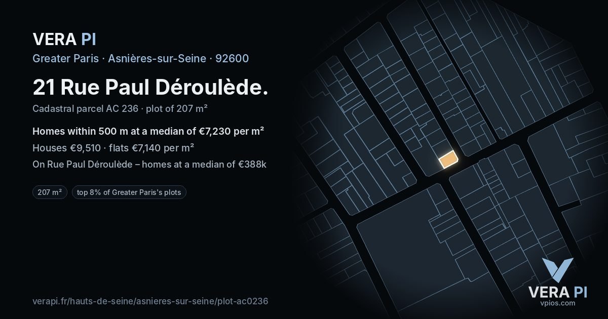 21 Rue Paul Déroulède, Asnières-sur-Seine at night – the plot lit, the parcels around coloured by the prices near them