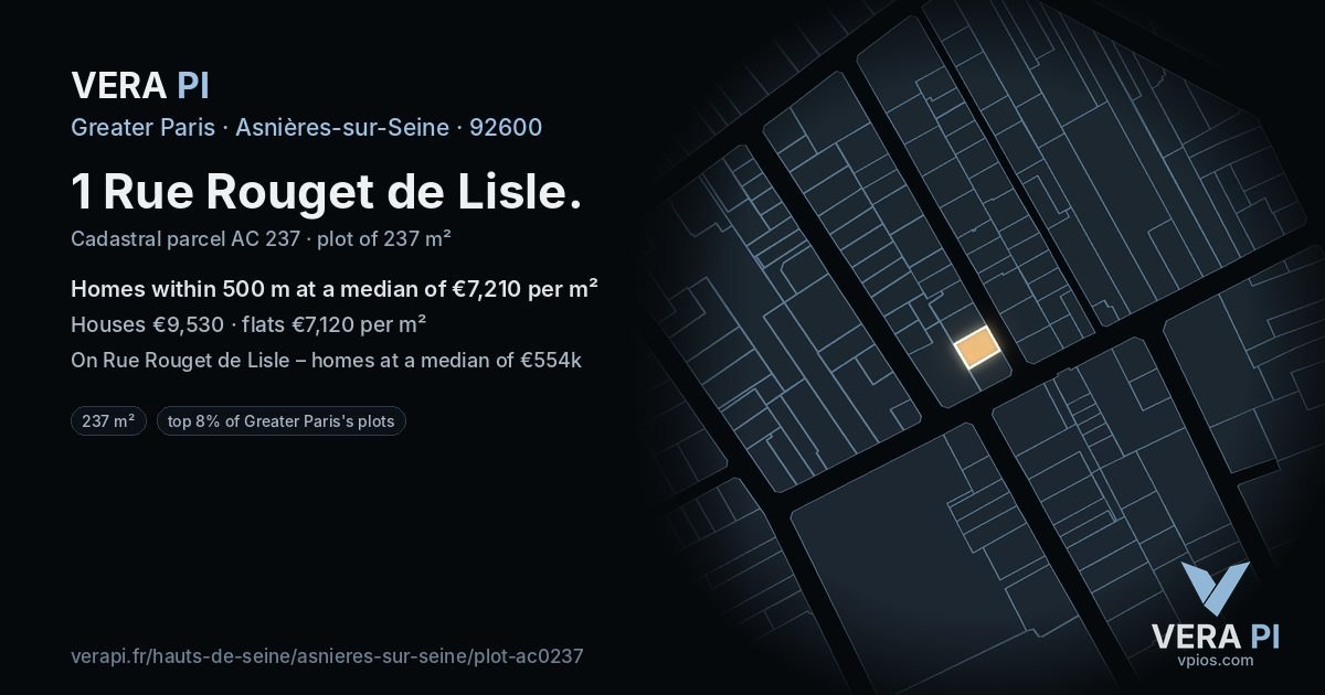 1 Rue Rouget de Lisle, Asnières-sur-Seine at night – the plot lit, the parcels around coloured by the prices near them