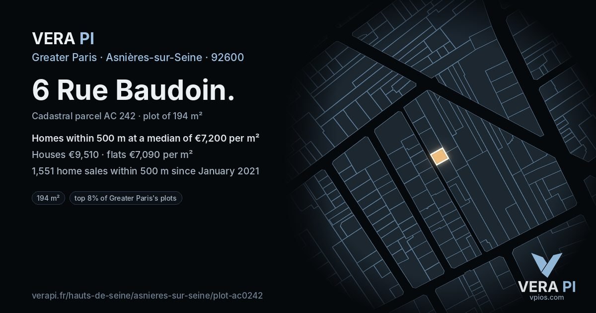 6 Rue Baudoin, Asnières-sur-Seine at night – the plot lit, the parcels around coloured by the prices near them