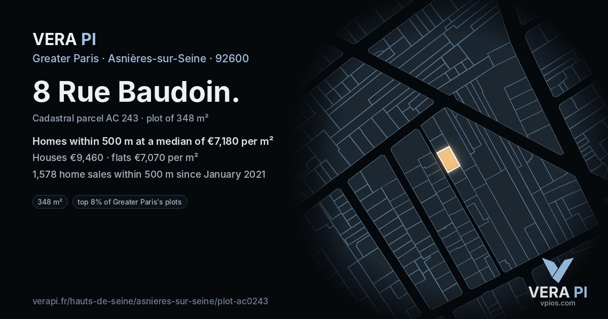 8 Rue Baudoin, Asnières-sur-Seine at night – the plot lit, the parcels around coloured by the prices near them