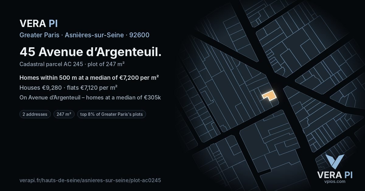 45 Avenue d’Argenteuil, Asnières-sur-Seine at night – the plot lit, the parcels around coloured by the prices near them