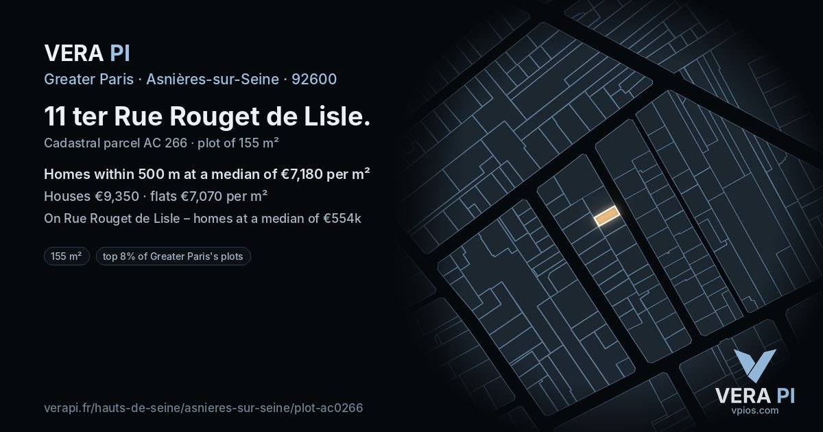 11 ter Rue Rouget de Lisle, Asnières-sur-Seine at night – the plot lit, the parcels around coloured by the prices near them