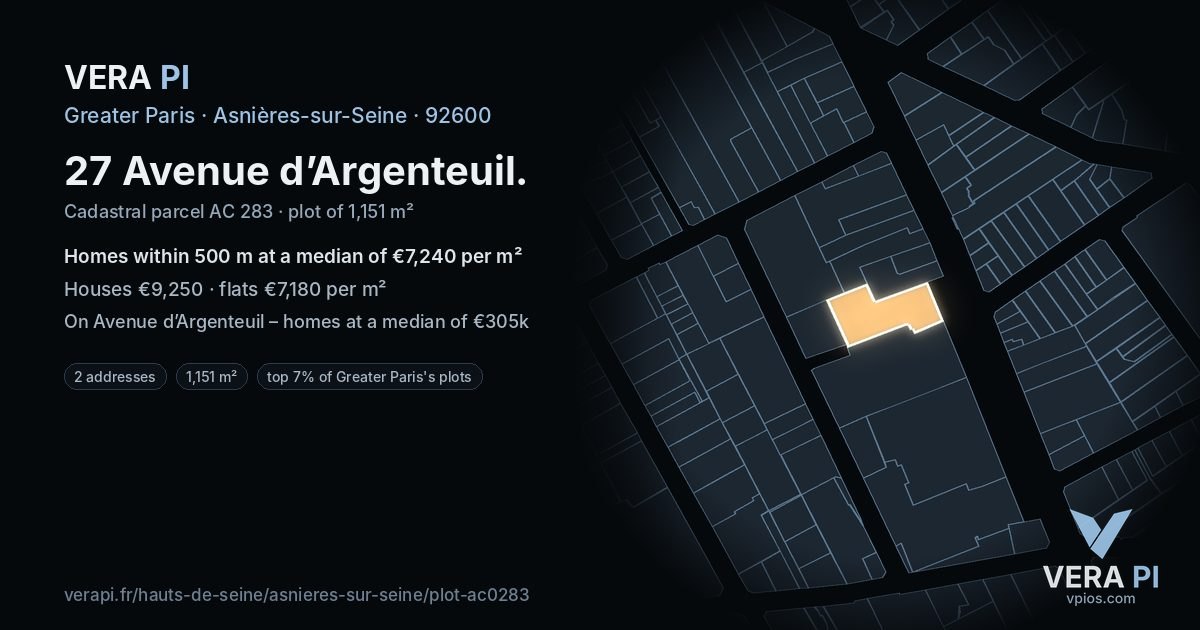 27 Avenue d’Argenteuil, Asnières-sur-Seine at night – the plot lit, the parcels around coloured by the prices near them