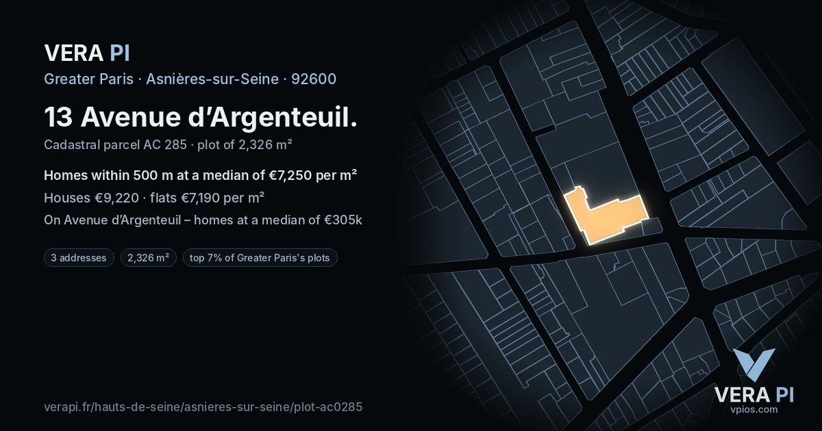 13 Avenue d’Argenteuil, Asnières-sur-Seine at night – the plot lit, the parcels around coloured by the prices near them