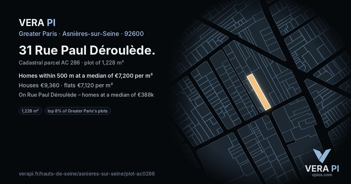 31 Rue Paul Déroulède, Asnières-sur-Seine at night – the plot lit, the parcels around coloured by the prices near them