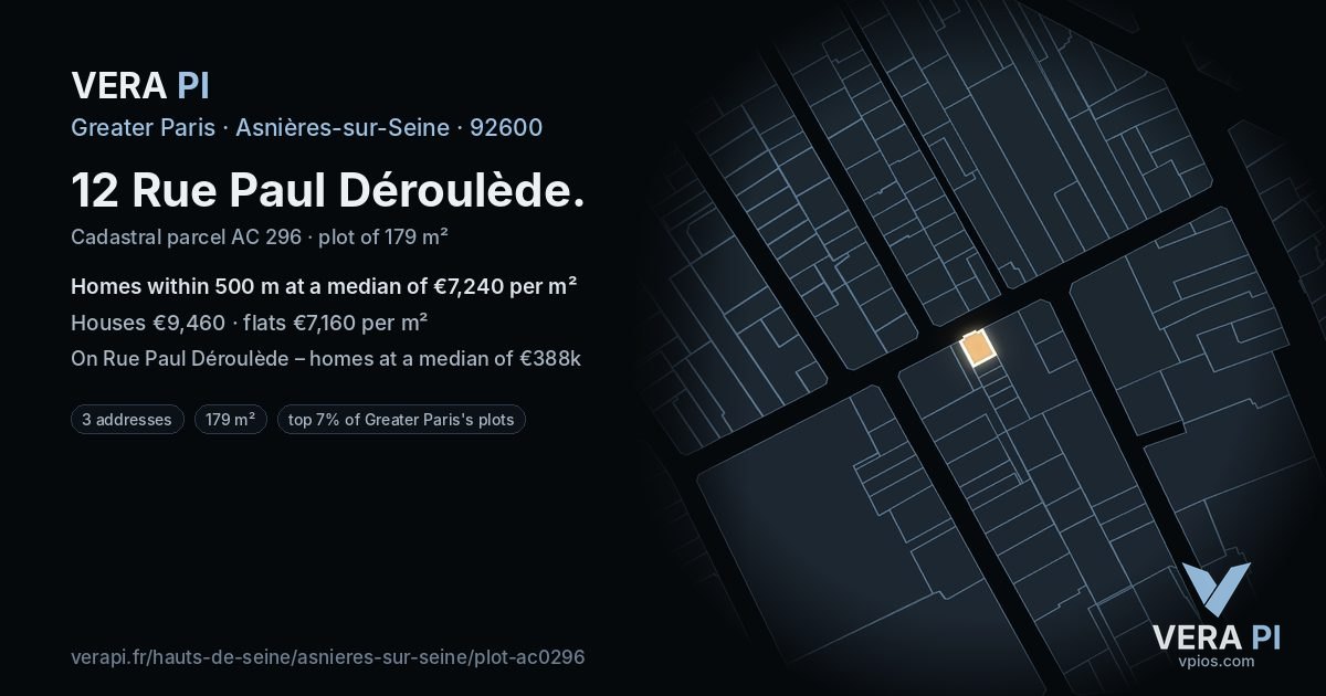 12 Rue Paul Déroulède, Asnières-sur-Seine at night – the plot lit, the parcels around coloured by the prices near them