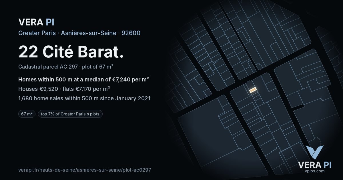 22 Cité Barat, Asnières-sur-Seine at night – the plot lit, the parcels around coloured by the prices near them