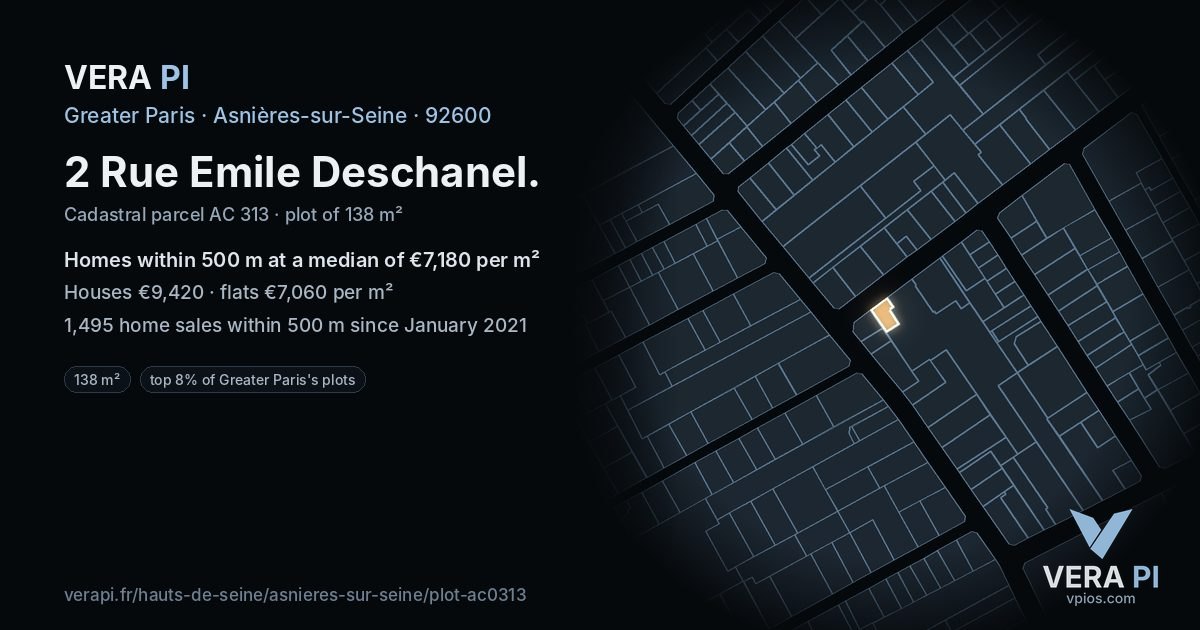 2 Rue Emile Deschanel, Asnières-sur-Seine at night – the plot lit, the parcels around coloured by the prices near them
