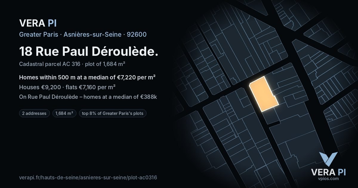 18 Rue Paul Déroulède, Asnières-sur-Seine at night – the plot lit, the parcels around coloured by the prices near them