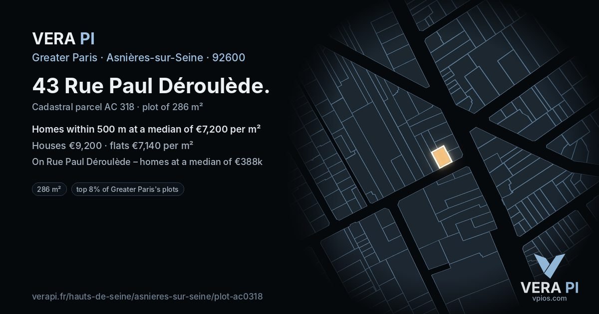 43 Rue Paul Déroulède, Asnières-sur-Seine at night – the plot lit, the parcels around coloured by the prices near them