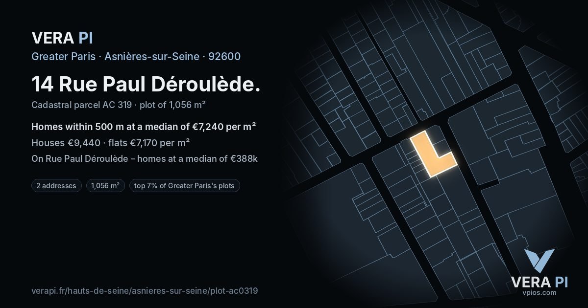 14 Rue Paul Déroulède, Asnières-sur-Seine at night – the plot lit, the parcels around coloured by the prices near them