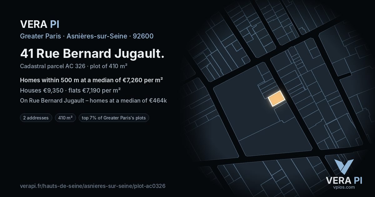 41 Rue Bernard Jugault, Asnières-sur-Seine at night – the plot lit, the parcels around coloured by the prices near them