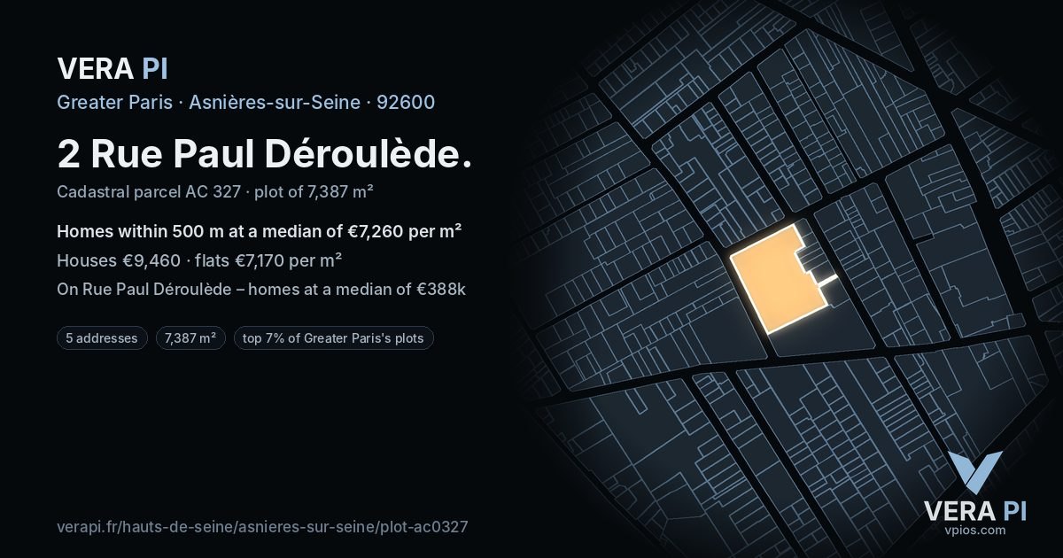 2 Rue Paul Déroulède, Asnières-sur-Seine at night – the plot lit, the parcels around coloured by the prices near them