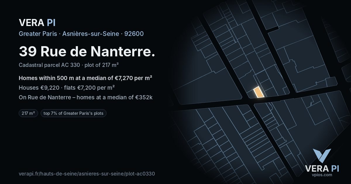 39 Rue de Nanterre, Asnières-sur-Seine at night – the plot lit, the parcels around coloured by the prices near them