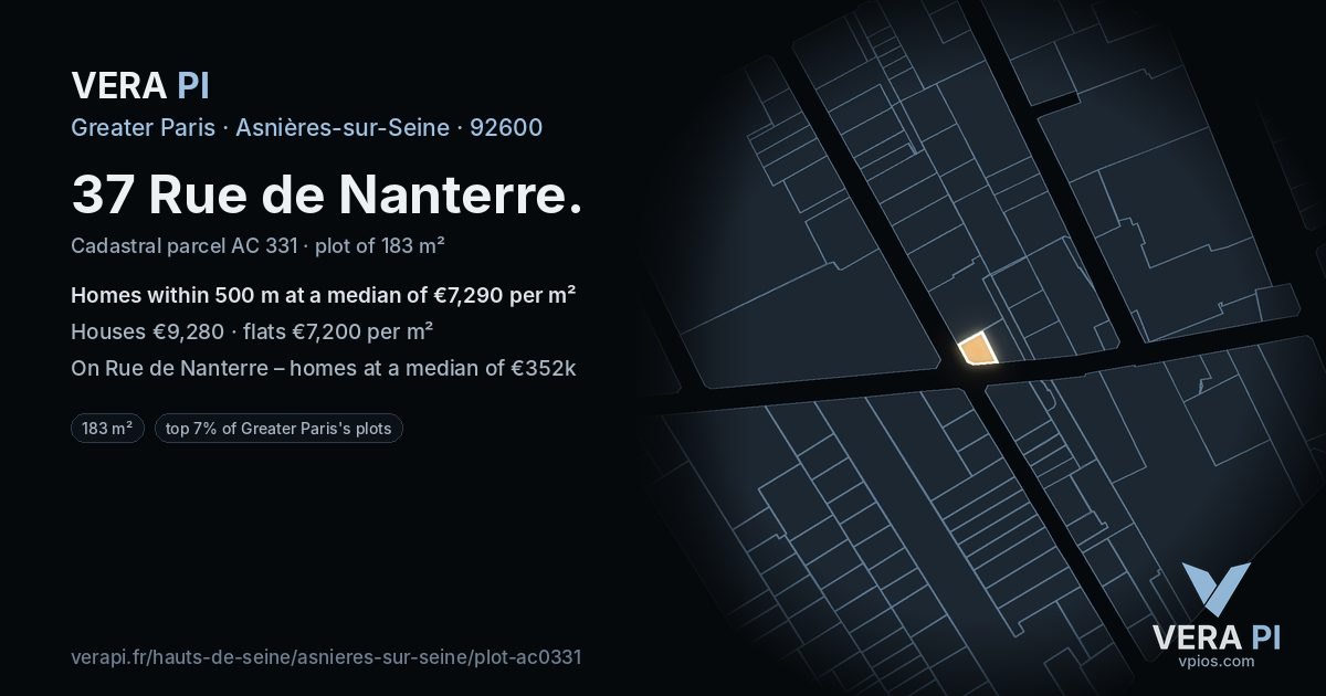 37 Rue de Nanterre, Asnières-sur-Seine at night – the plot lit, the parcels around coloured by the prices near them