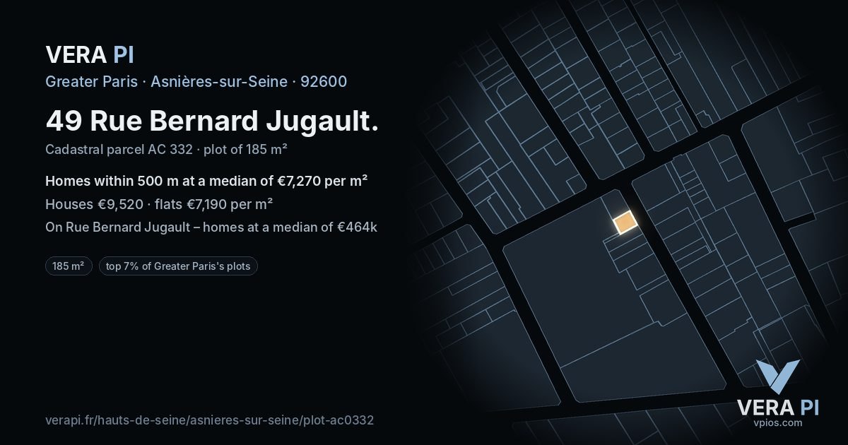 49 Rue Bernard Jugault, Asnières-sur-Seine at night – the plot lit, the parcels around coloured by the prices near them