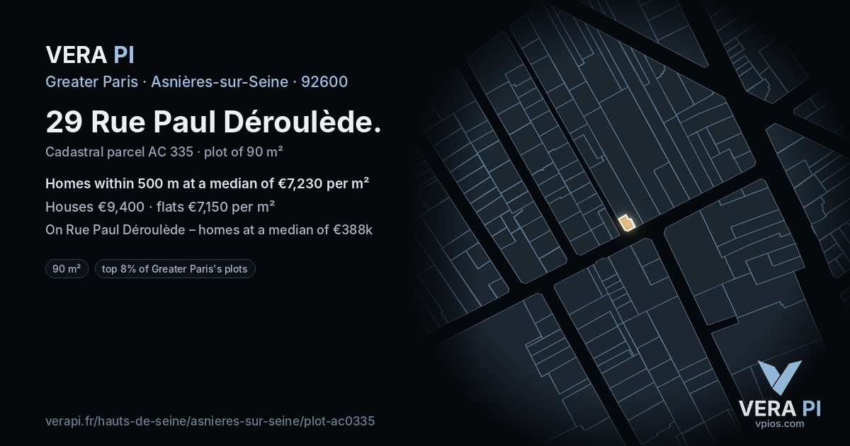 29 Rue Paul Déroulède, Asnières-sur-Seine at night – the plot lit, the parcels around coloured by the prices near them