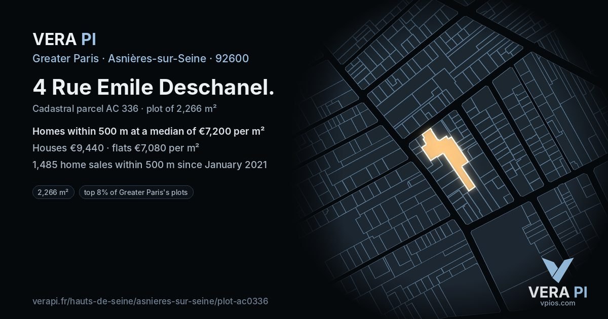 4 Rue Emile Deschanel, Asnières-sur-Seine at night – the plot lit, the parcels around coloured by the prices near them