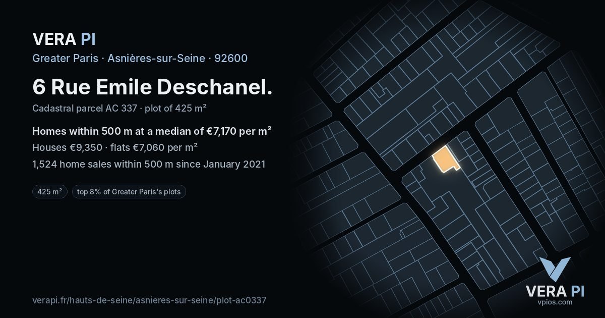 6 Rue Emile Deschanel, Asnières-sur-Seine at night – the plot lit, the parcels around coloured by the prices near them