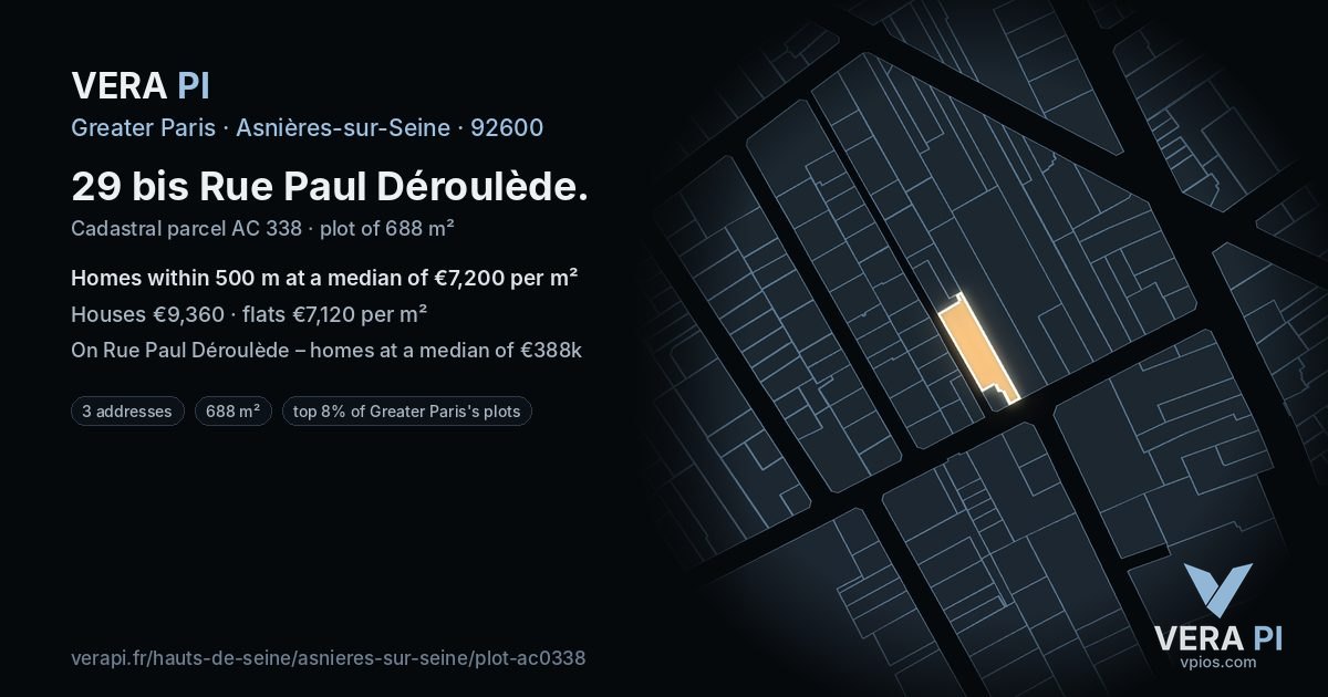 29 bis Rue Paul Déroulède, Asnières-sur-Seine at night – the plot lit, the parcels around coloured by the prices near them