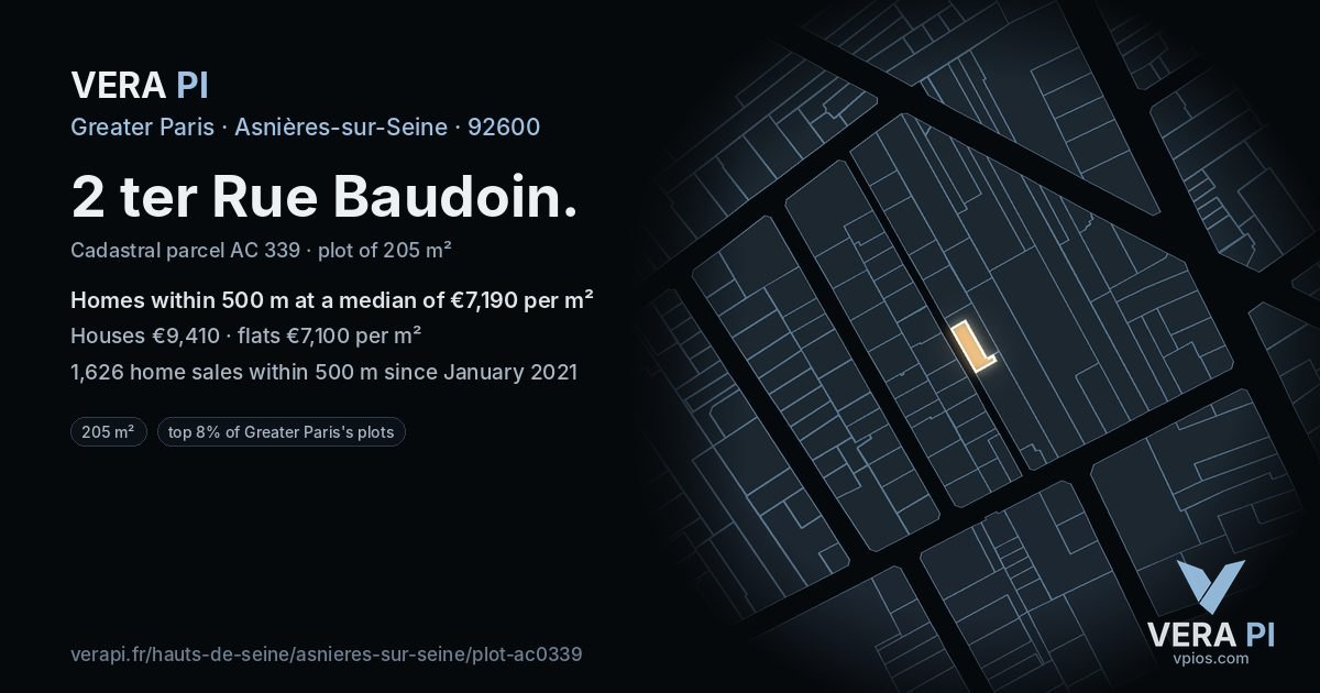 2 ter Rue Baudoin, Asnières-sur-Seine at night – the plot lit, the parcels around coloured by the prices near them