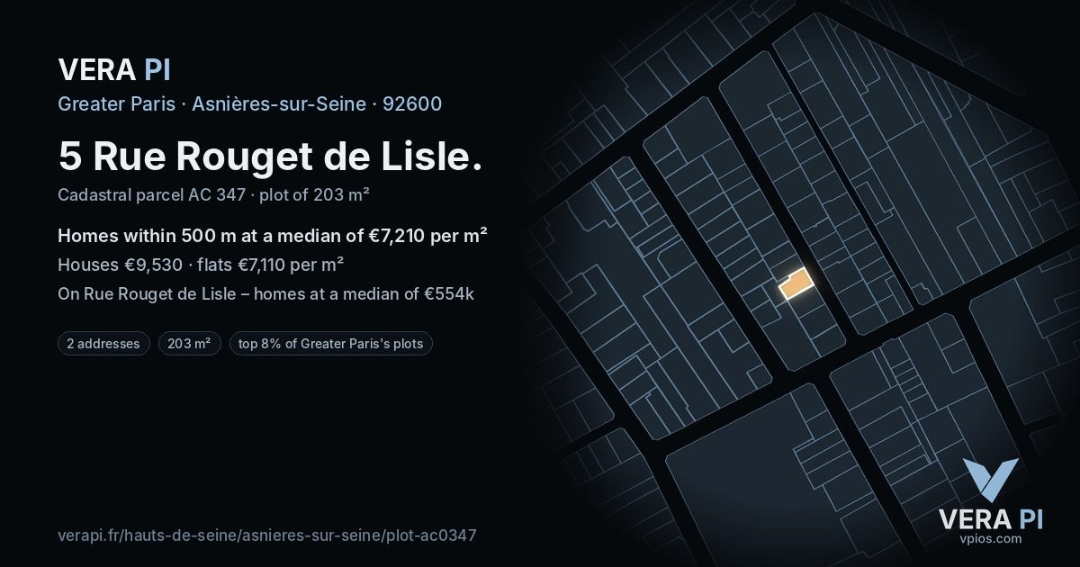 5 Rue Rouget de Lisle, Asnières-sur-Seine at night – the plot lit, the parcels around coloured by the prices near them