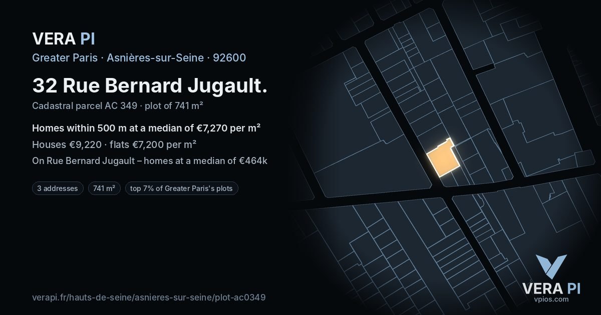 32 Rue Bernard Jugault, Asnières-sur-Seine at night – the plot lit, the parcels around coloured by the prices near them