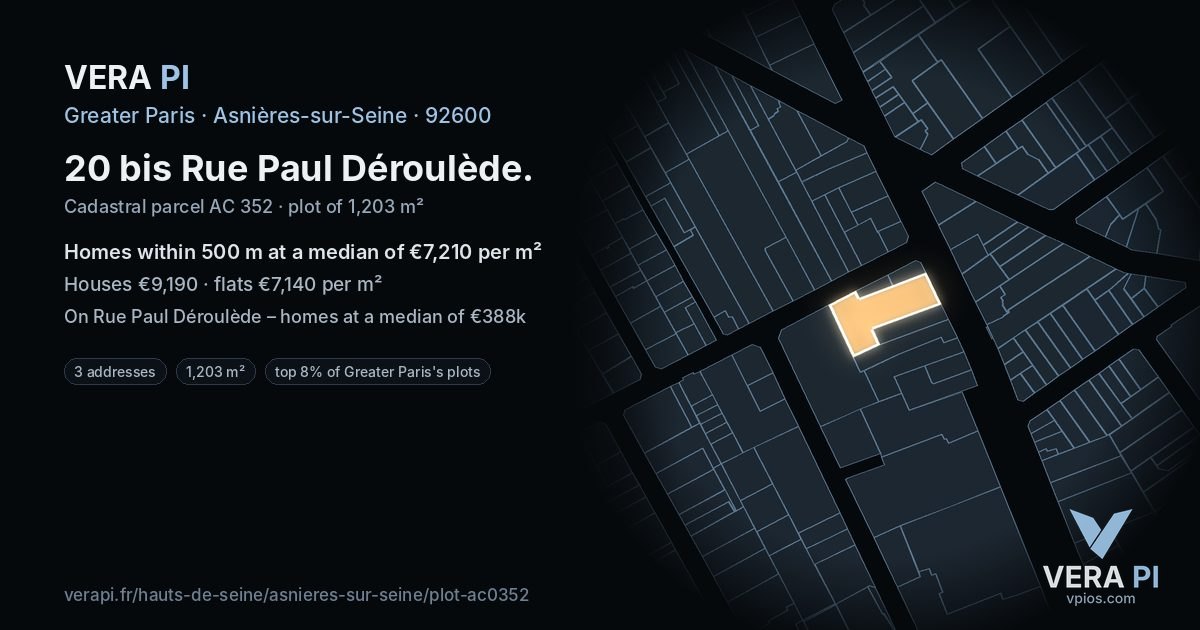 20 bis Rue Paul Déroulède, Asnières-sur-Seine at night – the plot lit, the parcels around coloured by the prices near them