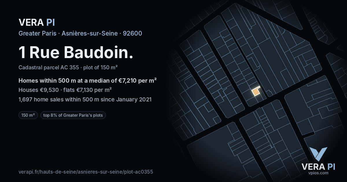 1 Rue Baudoin, Asnières-sur-Seine at night – the plot lit, the parcels around coloured by the prices near them