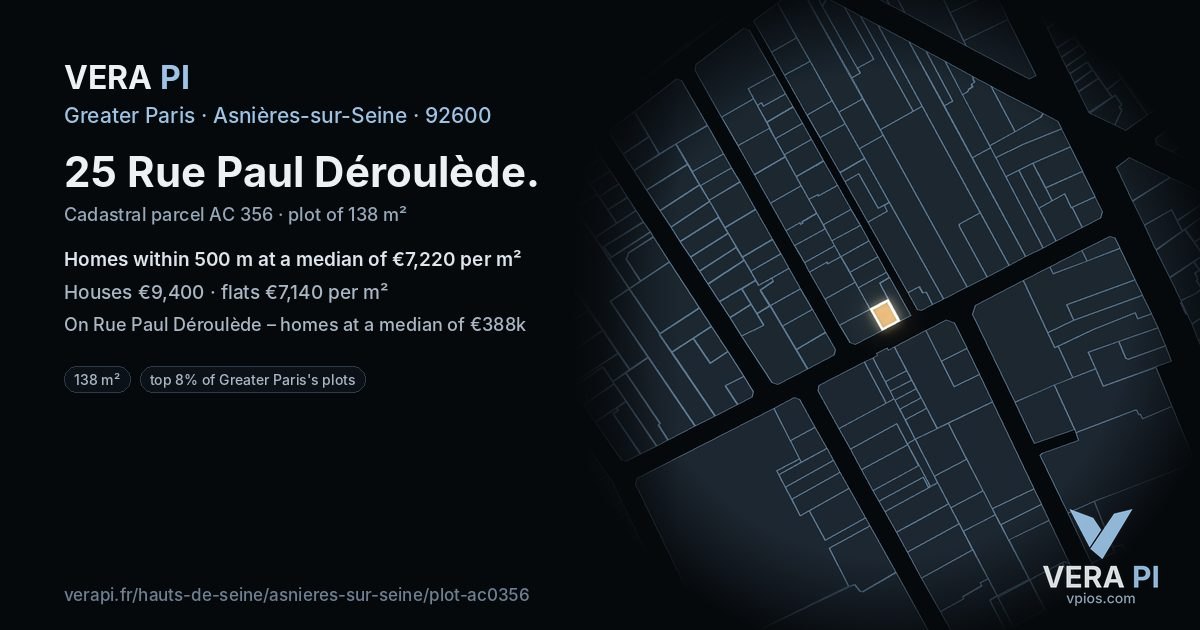 25 Rue Paul Déroulède, Asnières-sur-Seine at night – the plot lit, the parcels around coloured by the prices near them